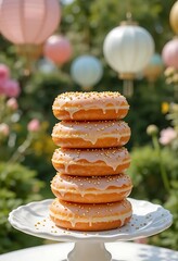 Delicious Stack of Donuts with Golden Sprinkles on a White Cake Stand in a Beautiful Garden Setting with Colorful Lanterns Creating a Festive Atmosphere
