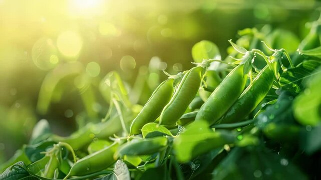 close-up of green peas growing on the plot