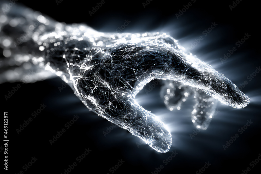 Poster a digital wireframe illustration of a glowing blue hand touching a network of interconnected glowing