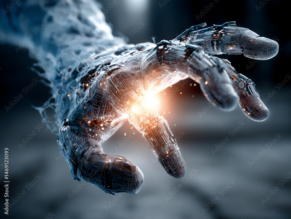 Poster a futuristic digital illustration showing a glowing blue wireframe hand interacting with abstract ai