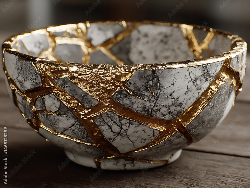 Poster close-up image of a broken ceramic bowl mended with gold, displayed as a unique art object on a weat