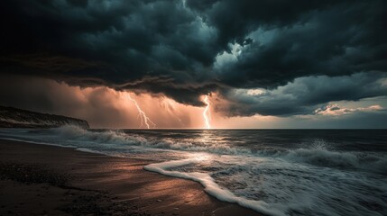 Dramatic Coastal Storm with Lightning and Dark Clouds Over Ocean Waves