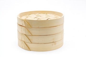 Stack of traditional bamboo steamers on white background