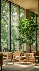 Fototapeta premium Sunlit room, wooden chairs, large windows, leafy tree.
