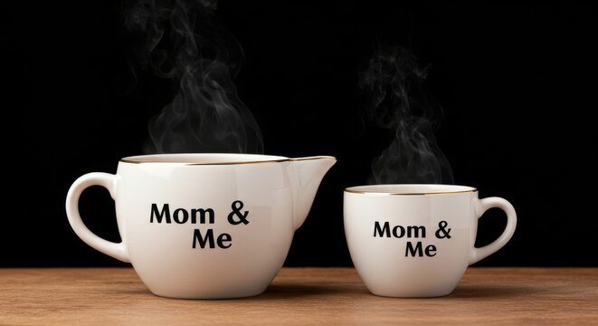 Fototapeta Two steaming white teacups and teapot with "Mom & Me" inscriptions.
