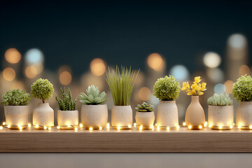 a digital illustration of a cozy city balcony at dusk filled with various potted plants and string lights, with the blurred lights of the urban skyline in the background.