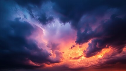 Obraz premium Dramatic clouds in vibrant colors fill the sky at sunset, creating a breathtaking view. Nature showcases beauty and wonder.