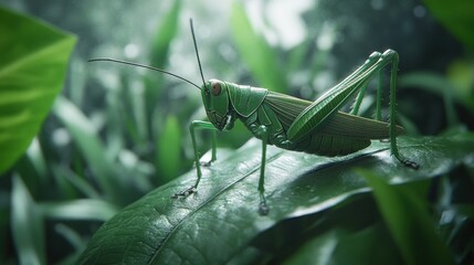 Detailed close-up of a vibrant green grasshopper.