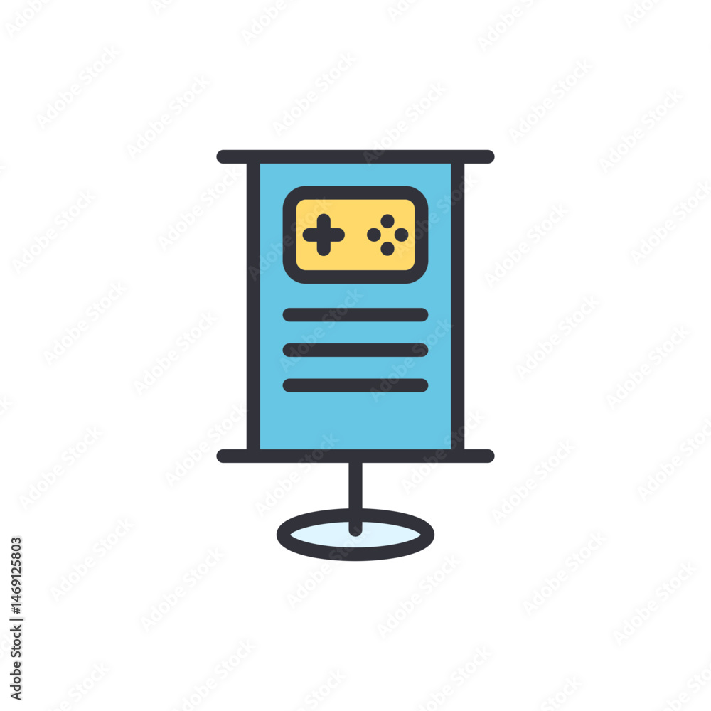 Poster presentation stand featuring video game controller and lines text details