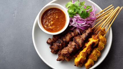 Fototapeta premium Grilled skewers of marinated meat and chicken served on a white plate with fresh herbs, sliced onions, and a rich dipping sauce, showcasing vibrant colors and appetizing presentation