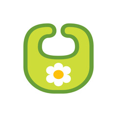 Illustration of a green baby bib with a white flower and a yellow center on a white background image