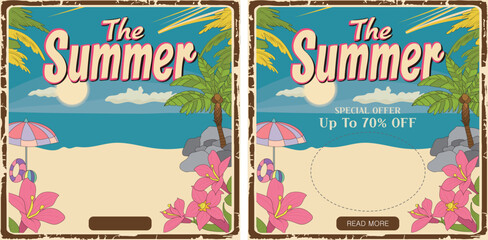 Summer sale banner template with cute vintage colored coastal background