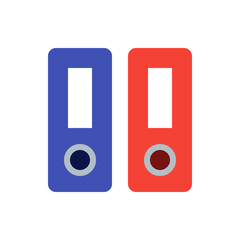 Illustration of two ring binders one in blue and one in red with white label and round metal detail
