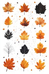 An array of colorful autumn leaves with splatter on a white background