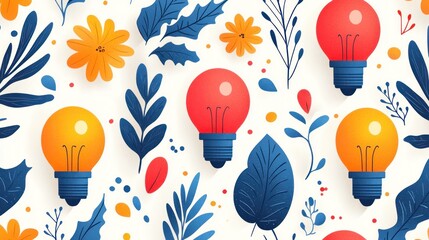 Lightbulbs amidst plants and flowers form a colorful, vibrant, patterned design