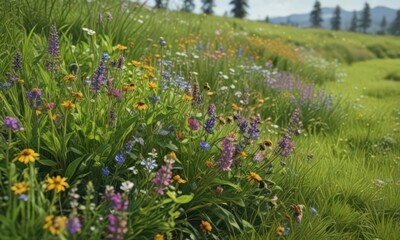 Obraz premium Vibrant wildflowers, buzzing bees, lush green grass border , macro, vibrant