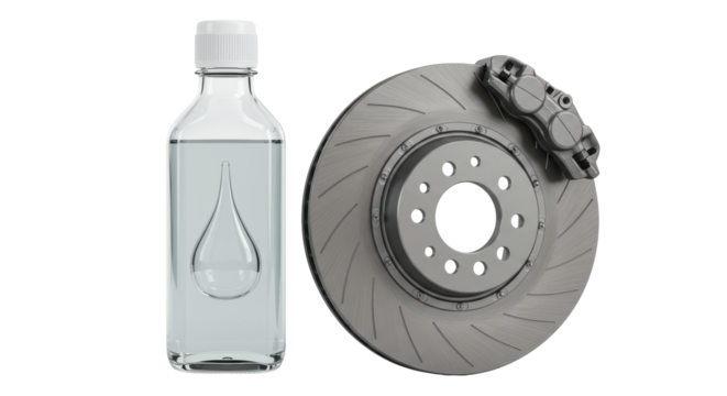 Isolated Brake Disc and Brake Fluid in Glass Bottle