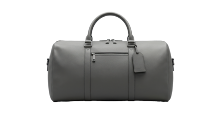 Gray duffel bag with subtle details displayed. isolated on transparent png