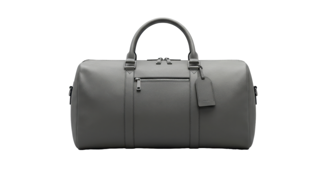 Gray duffel bag with subtle details displayed. isolated on transparent png