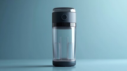 Portable, sleek, cylindrical beverage blender.  Features transparent inner chambers and a dark gray exterior