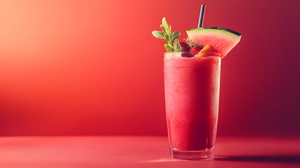 Vibrant, red fruit smoothie in a tall glass, garnished with watermelon and fresh herbs, against a bold red background.  Ideal for a summer beverage or healthy treat.