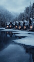 Fototapeta premium Snow-covered cabins, winter lake, tranquil scene.