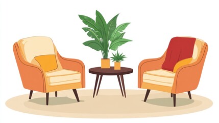 Cozy living room chairs and a small table with plants