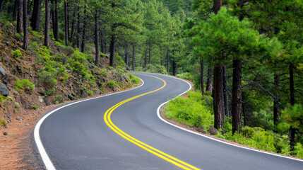 Winding road in mountainous pine forest, surrounded by lush greenery, creates serene and picturesque landscape