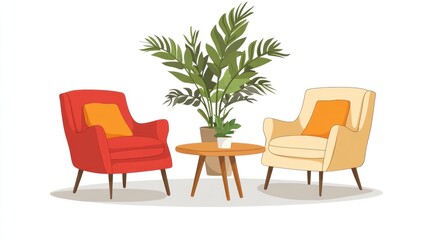 Cozy living room with two armchairs and a small table, featuring a potted plant