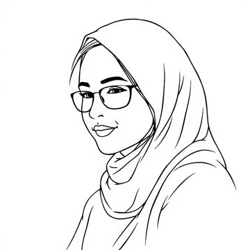 Elegante Linienzeichnung eines Gesichts mit Kopftuch und Brille auf wei&szlig;em Hintergrund, modern und stilvoll.