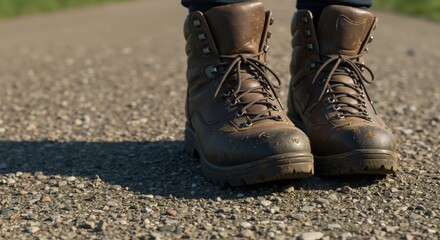 Hiking boots standing on a gravel path in natural surroundings  