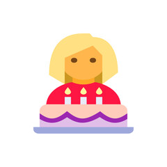 Illustration of a blonde woman behind a birthday cake with three candles on a light blue plate design