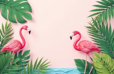Summer sale pink background art tropical leaf and flamingo .Voucher discount or greeting card