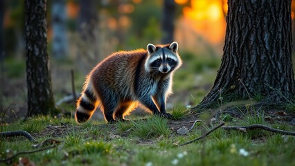Obraz premium Ein neugieriger Waschbär im Sonnenuntergangslicht zwischen Bäumen, natürliches Waldambiente, authentisch fotografiert.