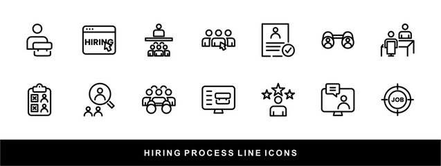 Hiring Process Line Icons. Recruitment, Job Application, Interview, Candidate Selection Vector Set