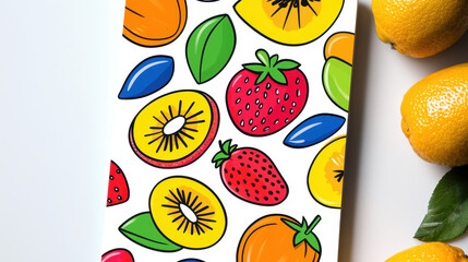 Colorful fruit pattern featuring strawberries, kiwis, oranges, and leaves, perfect for cheerful design