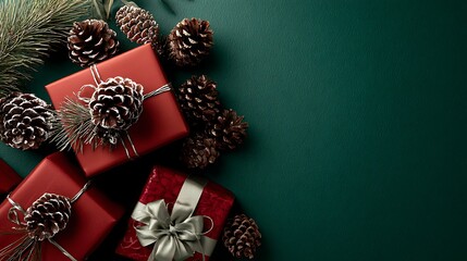 Christmas gifts with red wrapping and pinecones on a rich green background. .