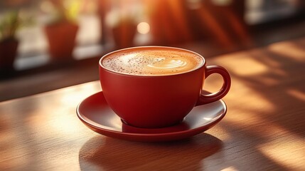 Fototapeta premium Tasteful beverage presentation with maroon coffee cup and foam on matte saucer in soft lighting and cozy ambiance 
