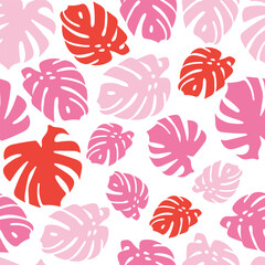 Seamless vector pattern with monstera leaves in trendy red and pink colors on white background