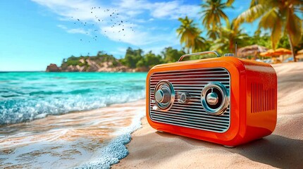 Retro Orange Radio on Serene Tropical Beach with Turquoise Waves and Palm Trees. Seamless looping 4k video background 