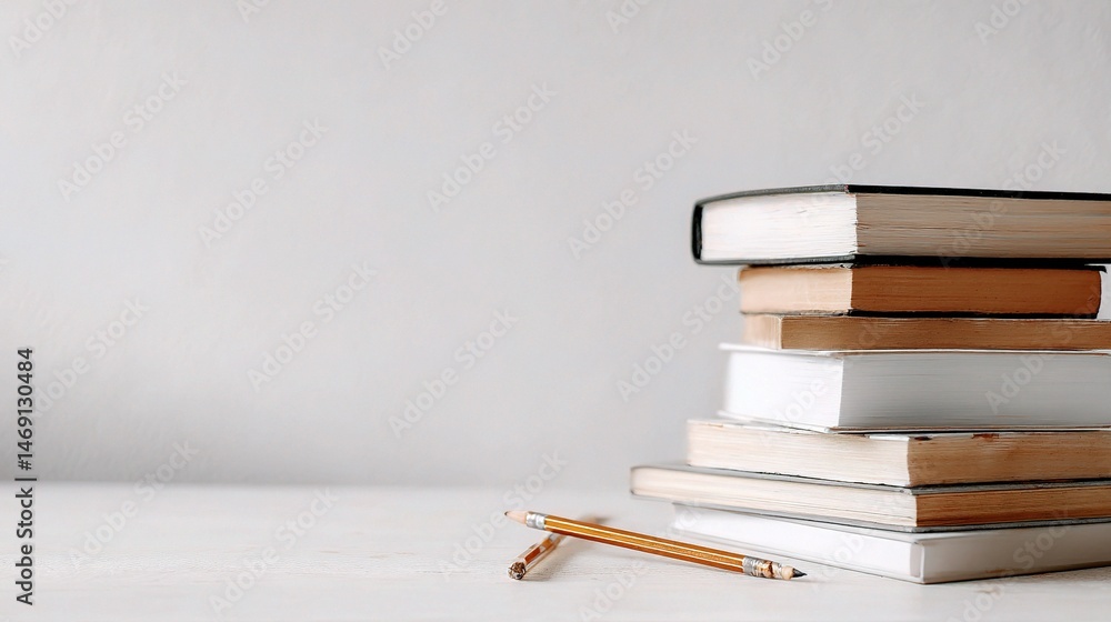 Poster neatly stacked books with pencil on a minimalist background