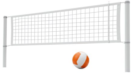 Isolated Volleyball Net with Orange Ball Ready to Serve