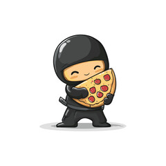 cute ninja mascot hugging pizza