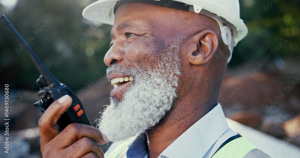 Poster building, radio and smile with developer black man outdoor on site as construction worker. communica