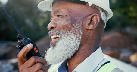 Building, radio and smile with developer black man outdoor on site as construction worker....