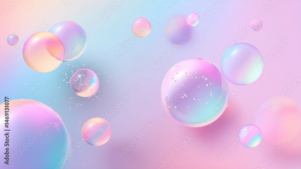 Poster pastel hued gradient background with floating bubbles in soft colors