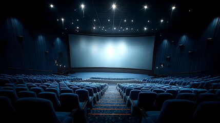 Naklejka premium Empty cinema auditorium with blue seats and a large white screen ready for a film. .