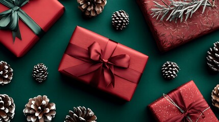 Christmas gifts with red wrapping and pinecones on a rich green background. .