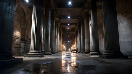 Obraz premium Dark concrete hallway lined with heavy pillars