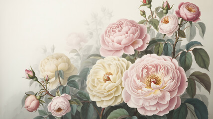 Elegant Pink and Cream Roses Botanical Illustration